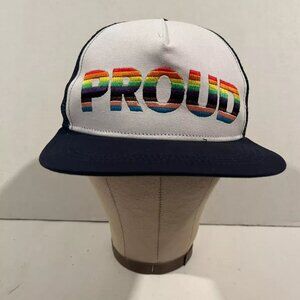 "PROUD" White Navy LGBTQ Rainbow Trucker Mesh Adjustable Phluid Project NEW